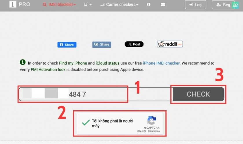 Nhập số iMei của iPhone v&agrave; x&aacute;c thực T&ocirc;i kh&ocirc;ng phải l&agrave; người m&aacute;y